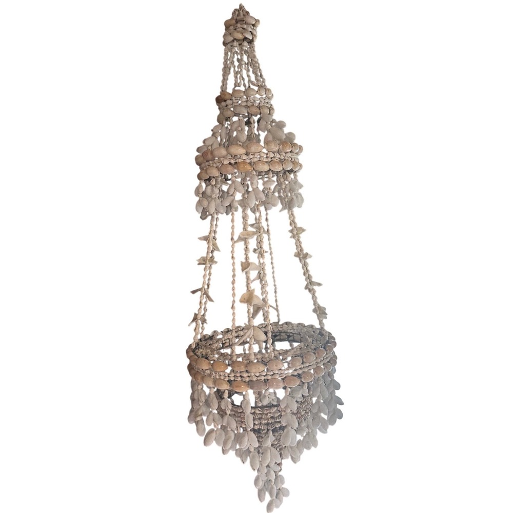 Vtg Boho Sea Shell Hanging Chandelier Mobile Coastal Beach Garden Home Decor 70s